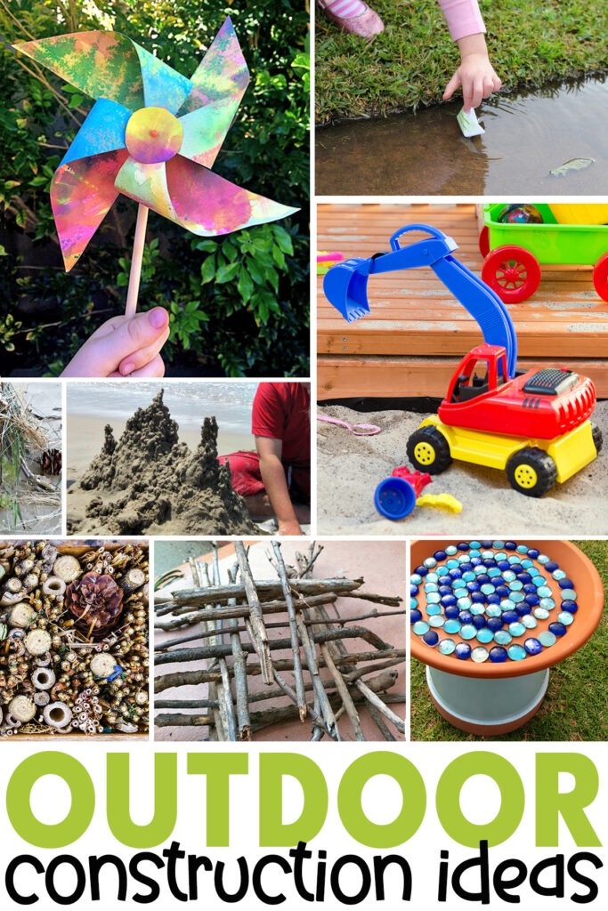 Outside construction play ideas: make a pinwheel, paper boats, car and truck sand play, drip castle, bug hotel, stick sculpture, bird bath