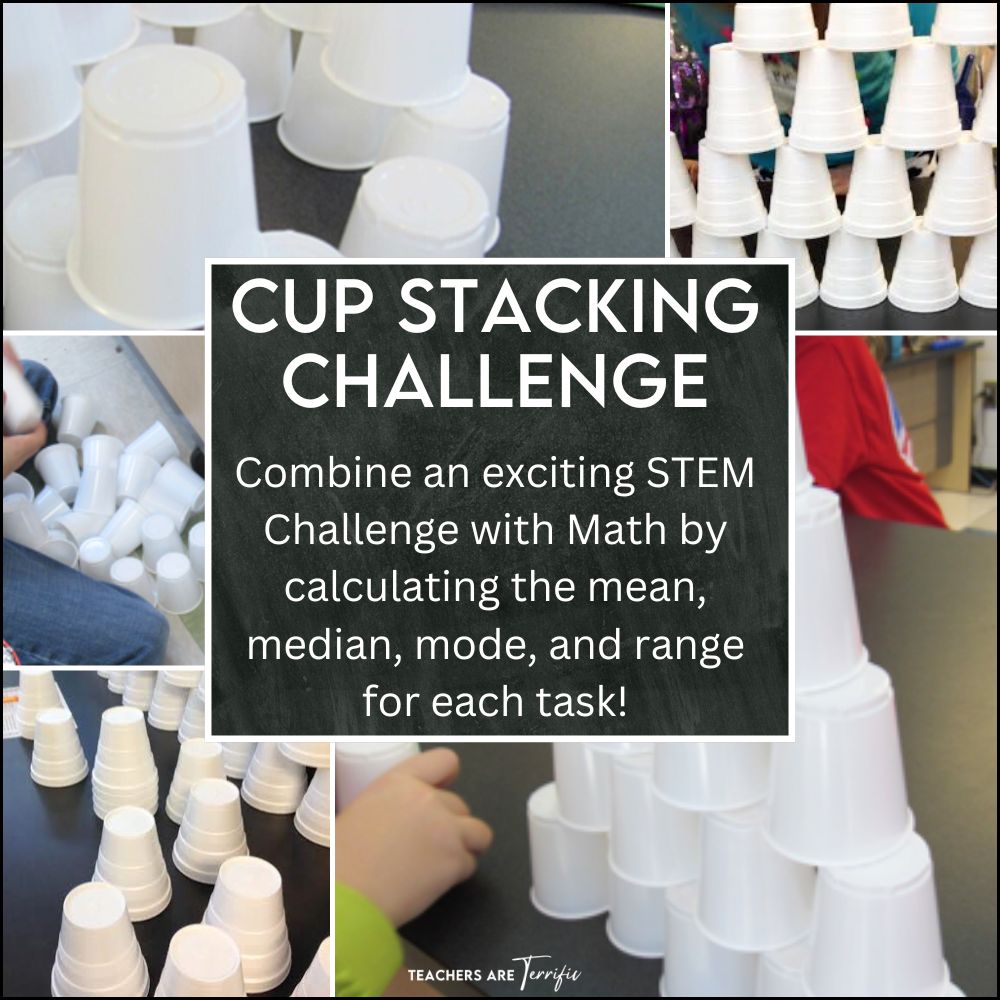 Cup Stacking STEM Challenge- combine math skills with competitive cup stacking. Students calculate the mean, median, mode, and range of the stack!